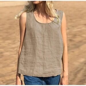 Harris Cotton Linen Blouse Tank Women's L Brown Minimalist Lagenlook Granola